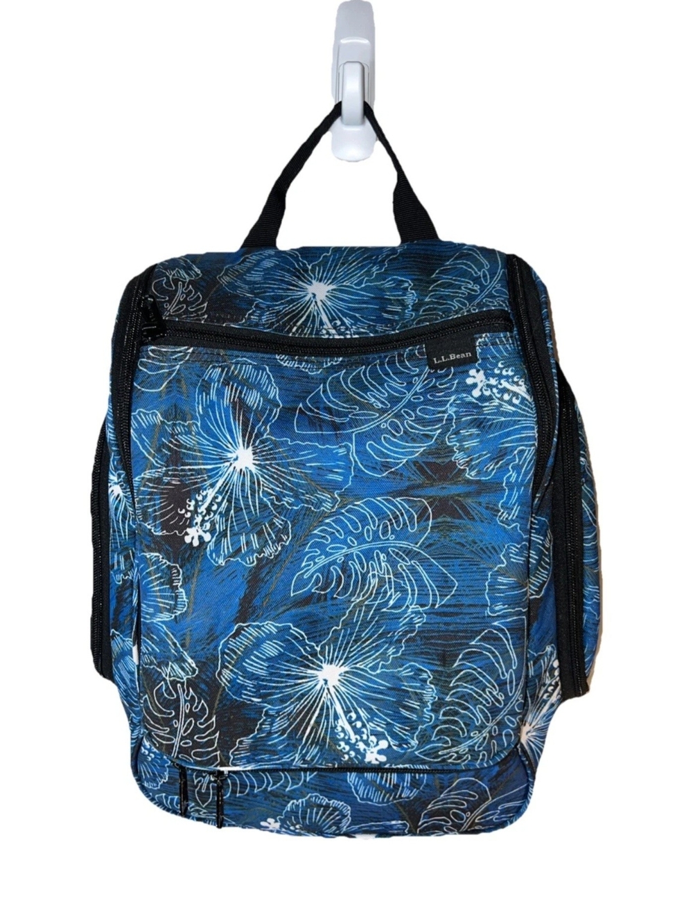 LL Bean Hanging Toiletry Travel Bag Blue Hawaiian Floral Print